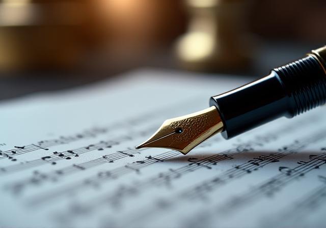 Close-up of a vintage fountain pen resting on a complex legal contract with musical notes in the background