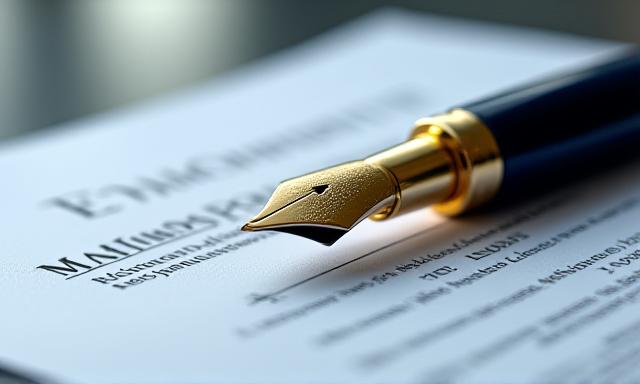 A fountain pen resting on a detailed legal contract document