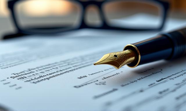 Close up of a fountain pen resting on a music score and legal document