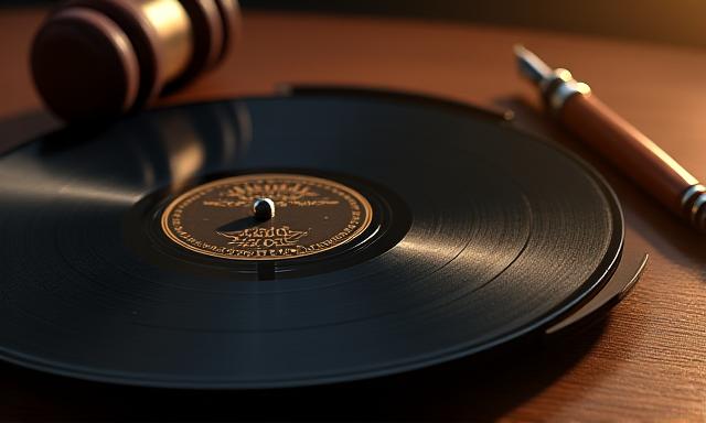 Close up of a stylized vinyl record and a legal gavel, representing music and law intersection.