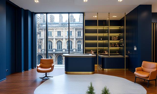 Interior of an elegant legal office in London with a view of South Audley Street