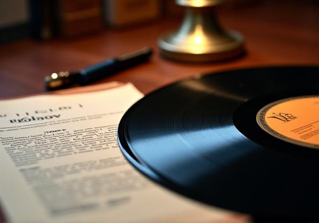 Close up of a vinyl record and legal documents representing intellectual property rights