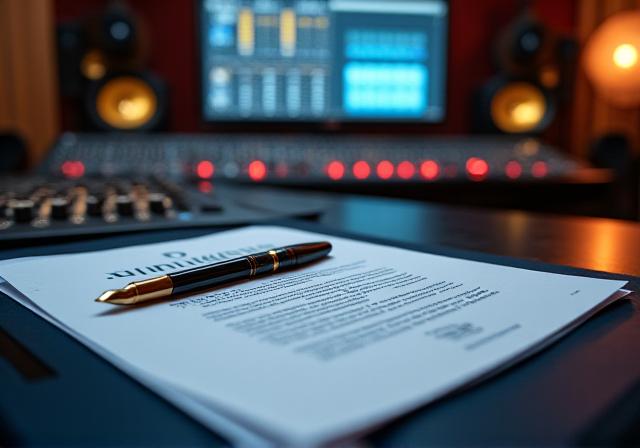 Close up of a professional music mixing desk with legal documents