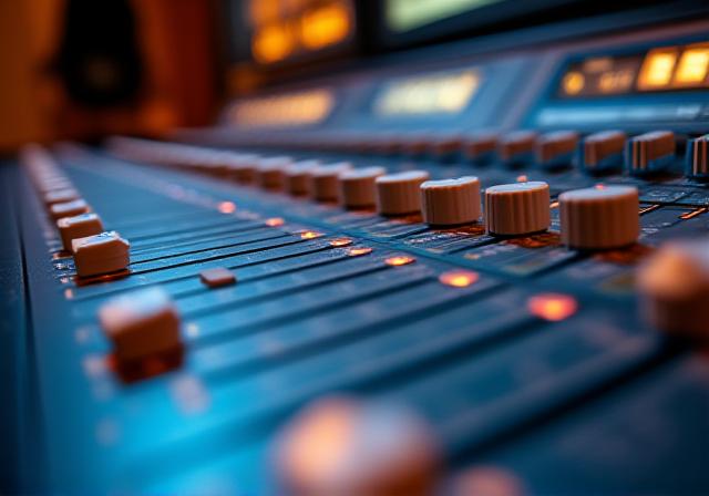 Close up of a professional studio mixing desk with warm lighting